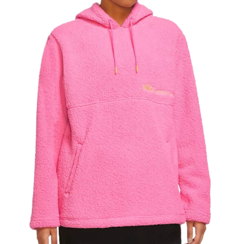 New Women’s Nike Therma-Fit Sherpa Hoodie Drawstring Pullover Cozy Soft Pink Sml
